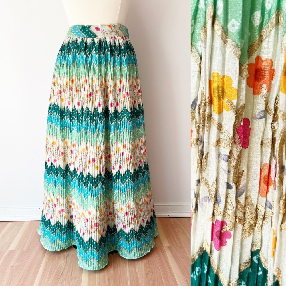 Chevron Floral Pleated Metallic Maxi Skirt Green White Drawstring Indian Formal‎